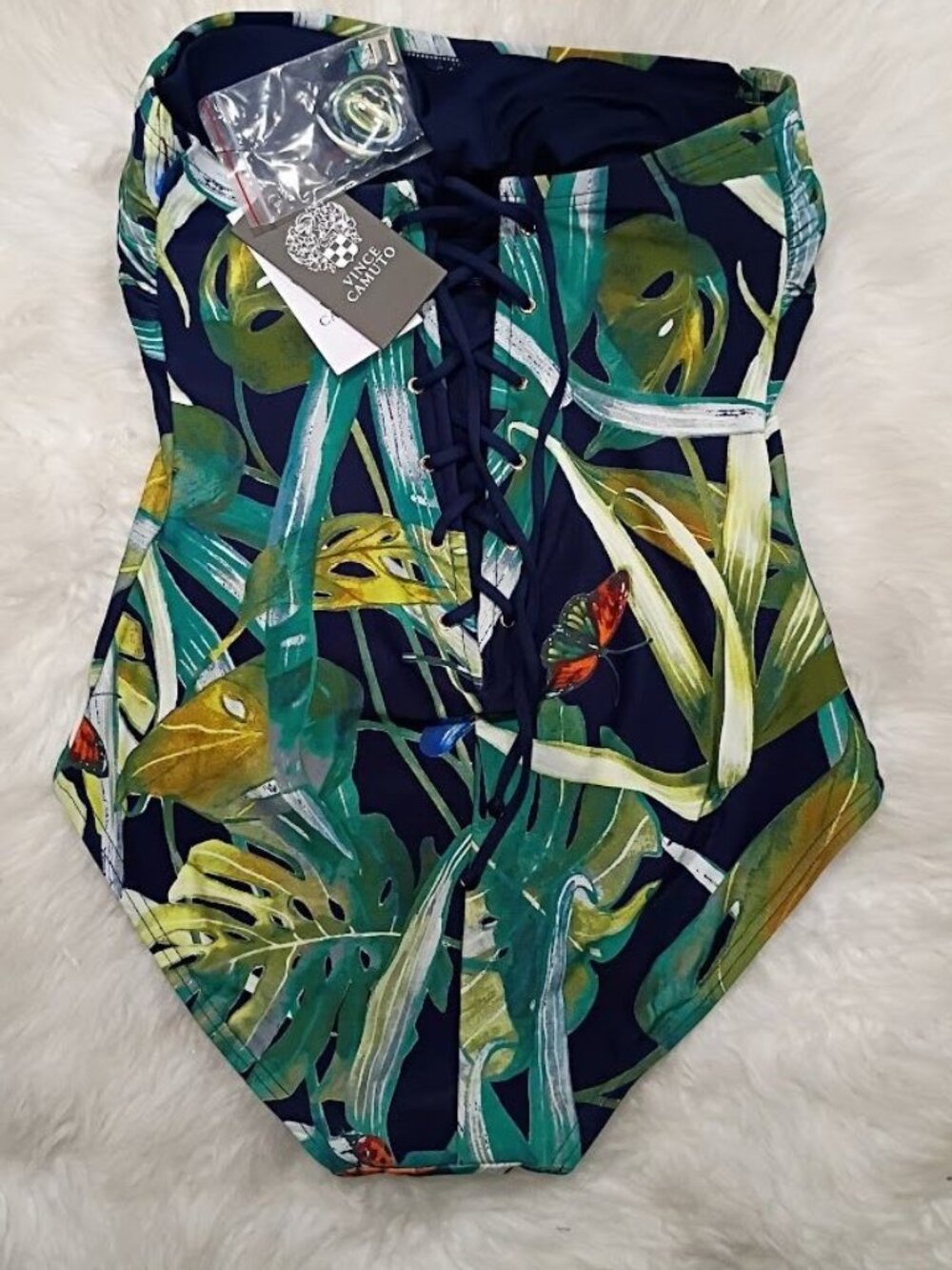 Vince Camuto One-Piece Strapless Tropical Print Swimsuit Sz 6 Resortwear - Picture 4 of 11
